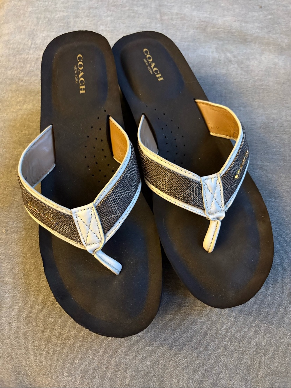 Coach Black Footbed Signature Strap Thong Sandals with White Trim